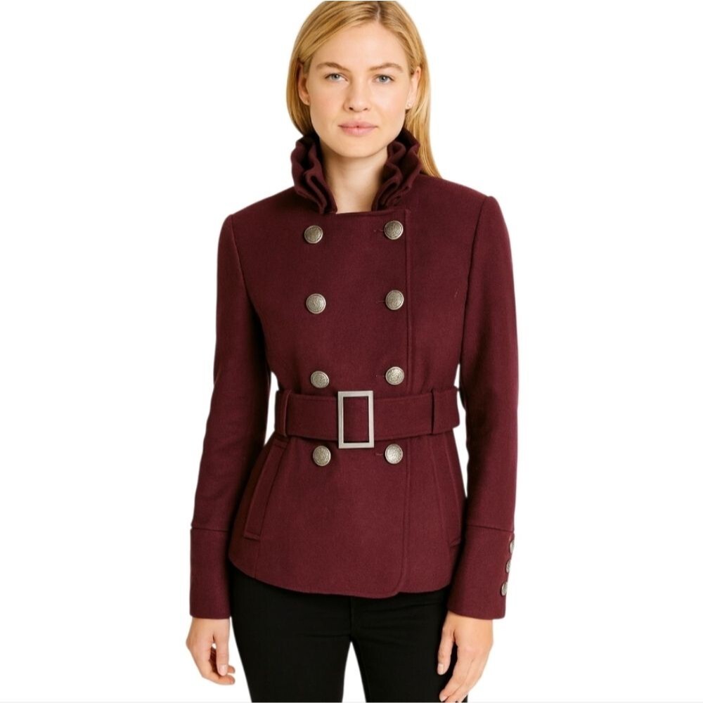 Black Rivet wool Military double breast Burgundy Maroon pea coat Silver buttons